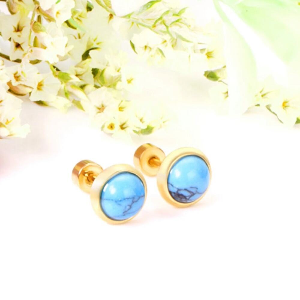 NEW 14K yellow gold plated turquoise stud earrings jewelry B28A - Picture 3 of 6